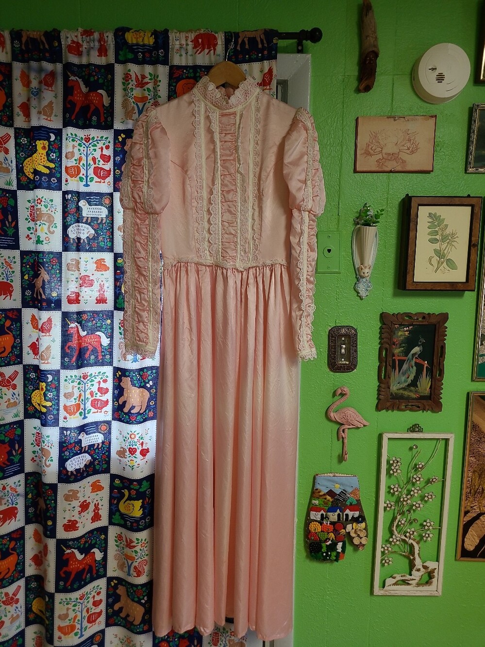 Vtg Gunne Sax Pink Satin Lace Maxi Dress 11 Renaissance Prairie Victorian Gown